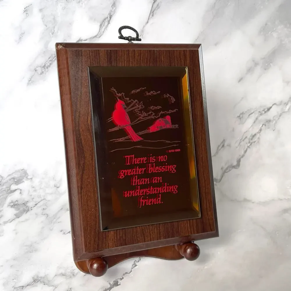 Vintage 1989 Friendship Cardinal Mirror Plaque Wood Wall Hanging TII